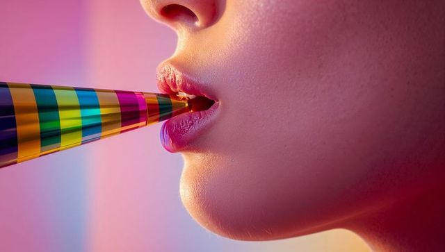 Glossy lips holding rainbow party blower with gold striped mouthpiece closeup