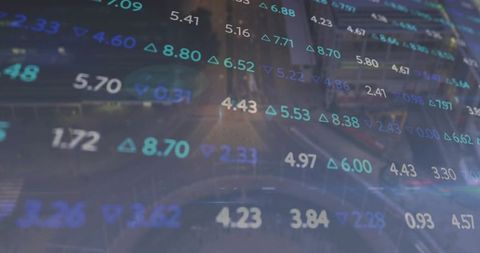 Dynamic Stock Market Ticker Overlays Busy Urban Sidewalk
