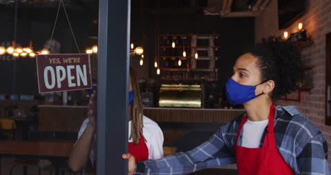 Baristas in Face Masks Open Cafe Safely During Pandemic