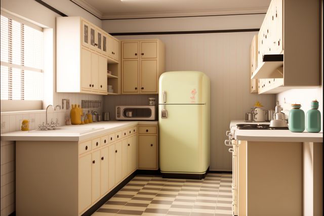 Retro style kitchen featuring yellow cabinets and a vintage refrigerator, evoking a nostalgic, old-fashioned feel. Suitable for use in articles or websites related to interior design, home decor inspirations, vintage trends, and retro home accessories.