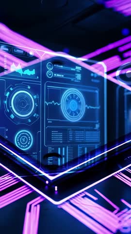 Vertical video: Rotating holographic data cube projecting neon UI panels over circuitry hub