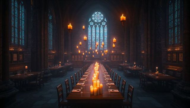 Gothic dining hall illuminated by candlelight and stained glass