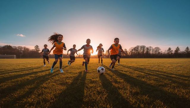 Youth soccer players running on field during sunset