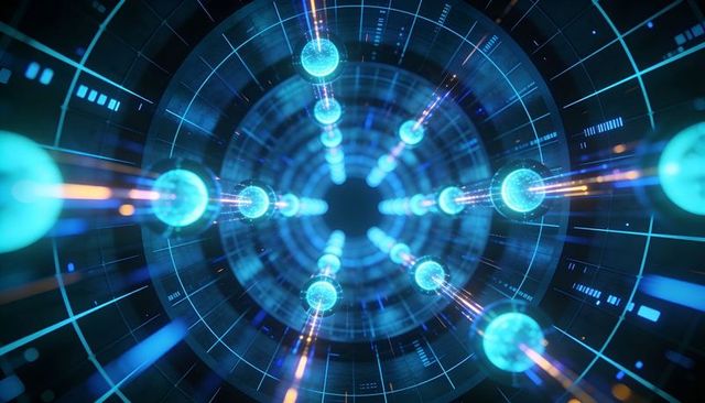 Glowing data orbs converging into core inside neon tech tunnel with hud trails
