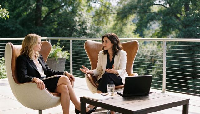 Female executives discussing strategy on outdoor terrace with laptop and notebook
