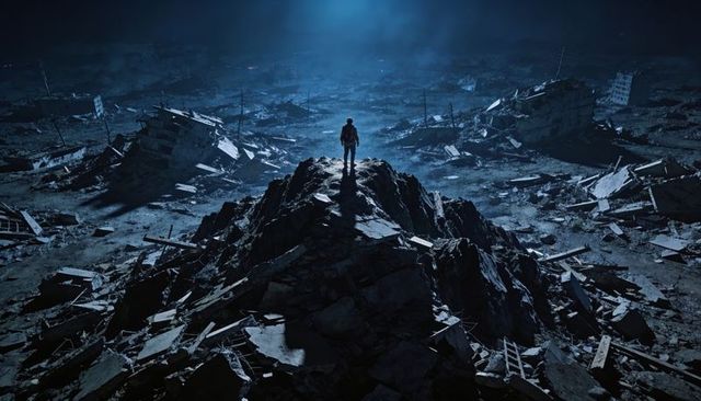 Lone survivor surveying postapocalyptic city ruins at night, standing on rubble, blue