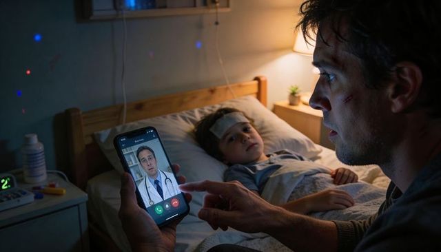 Nighttime telemedicine call with concerned father consulting doctor for feverish child