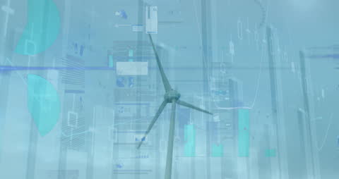 Futuristic Wind Turbine with Financial Data Overlay