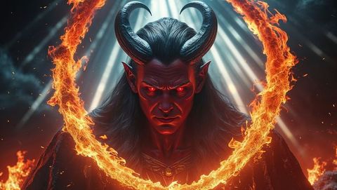 Mythical satan conjuring fiery ring of flames in dark fantasy cave