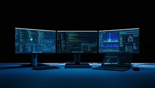 Sleek triple monitor setup with programming screens