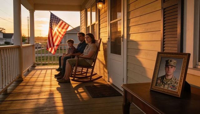 Family sitting on front porch at golden hour with american flag and military portrait