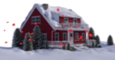 Snow-Covered Red House in Winter Wonderland with Glowing Lights