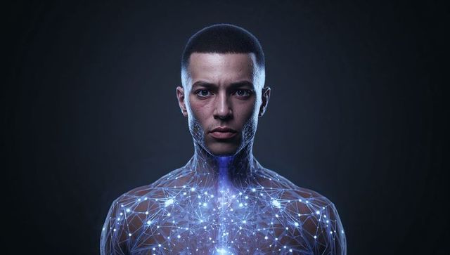Futuristic male bust with glowing neural network overlay portraying human-AI interface