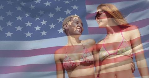 Women celebrating summer freedom with american flag overlay