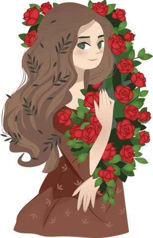 Elegant Woman Encircled by Red Roses on Transparent Background