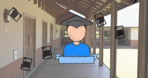 Graduation Icon Over School Corridor Background