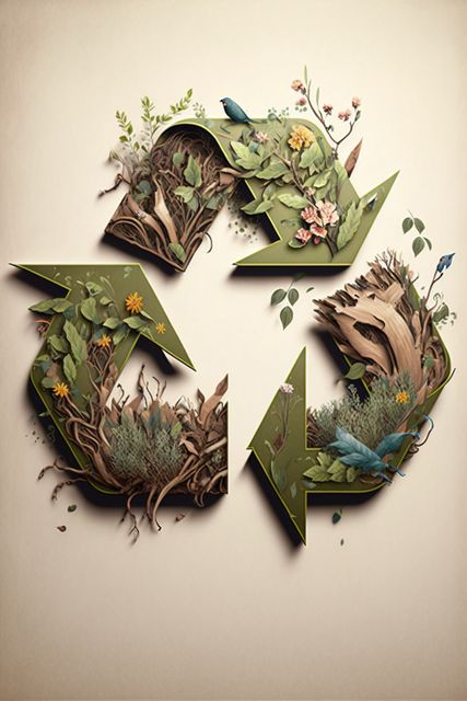 Recycling symbol with flowers, leaves, roots and birds, created using generative ai technology - Download Free Stock Photos Pikwizard.com