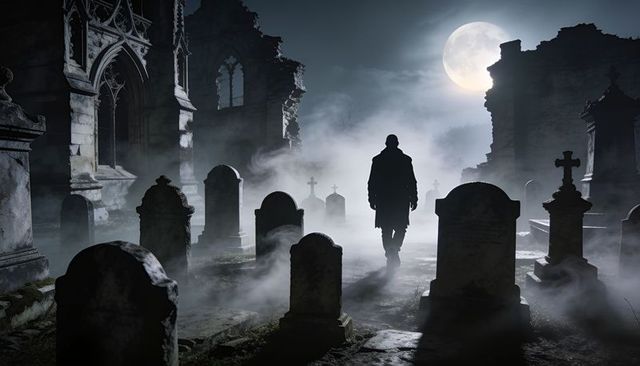 Silhouetted man walking through foggy moonlit cemetery among ancient stone tombstones