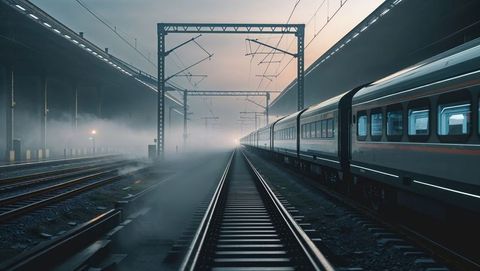 Idling train in misty dawn at empty train station, streamline design