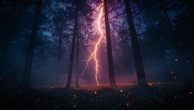 Dramatic lightning strike in mysterious forest night scene