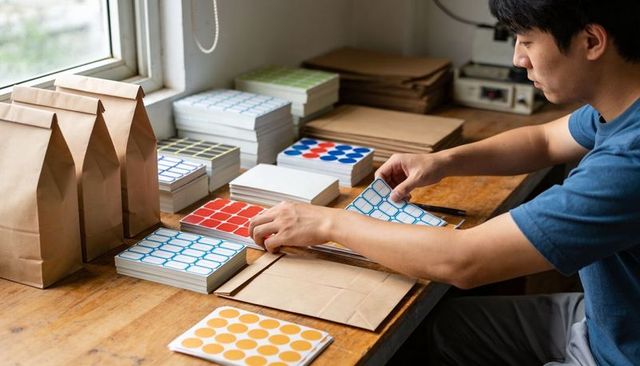 Asian man packing kraft envelopes in home workshop, organizing colorful label sheets