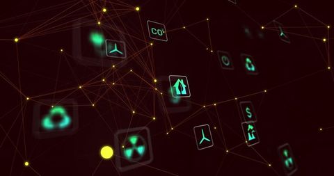 Glowing yellow network nodes visualizing energy data flow and connectivity in maroon digital space