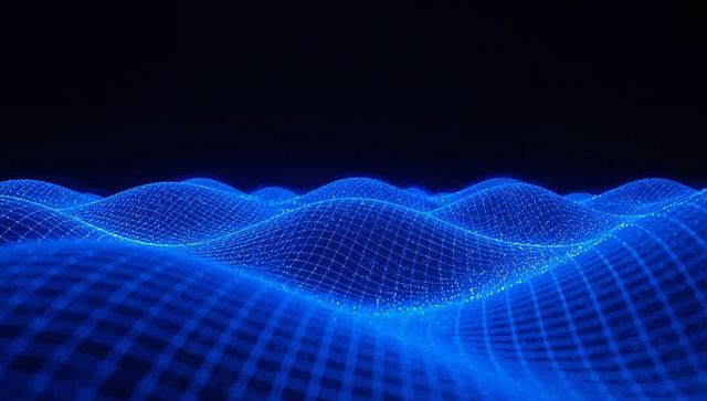 Glowing blue digital wave mesh flowing over dark horizon futuristic tech background