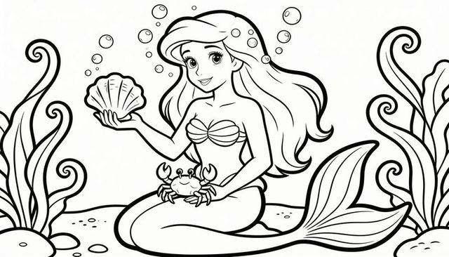 Smiling mermaid sitting on seabed holding scallop shell with crab line art coloring page