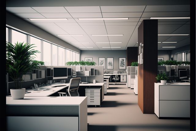 Open plan office space incorporating natural light, modern furniture, and plants, ideal for professional business themes, corporate presentations, office environment illustrations, and productivity visuals.