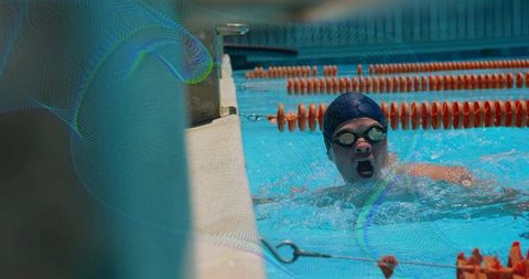 Energetic swimmer competing in outdoor pool competition rise patriotically