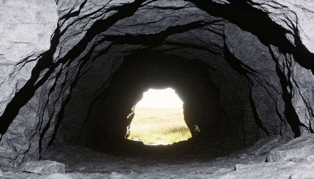 Backlit rocky cave tunnel framing sunlit grassland horizon with textured stone