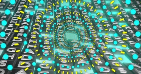 Neon cyber vortex spiral with cyan nodes and yellow dashes on lettered 3d grid tile tunnel