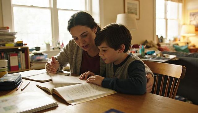 Mother guiding son through homework at cozy kitchen table, home tutoring and focused learning
