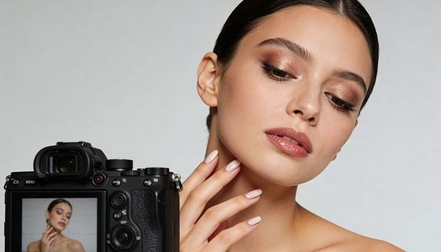Posing beauty model with mirrorless lcd showcasing makeup and manicure, elegant headshot