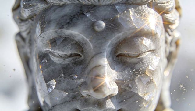 Glistening faceted crystal buddha head catching sun flares and sparkling dust