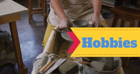 Person crafting pottery in workshop with hobbies text