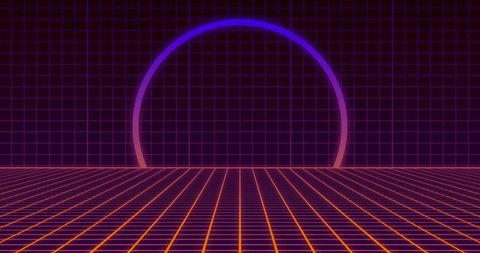 Retrofuturistic neon portal over orange grid horizon synthwave vaporwave style