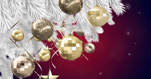 Festive White Christmas Tree with Gold Baubles on Red Background