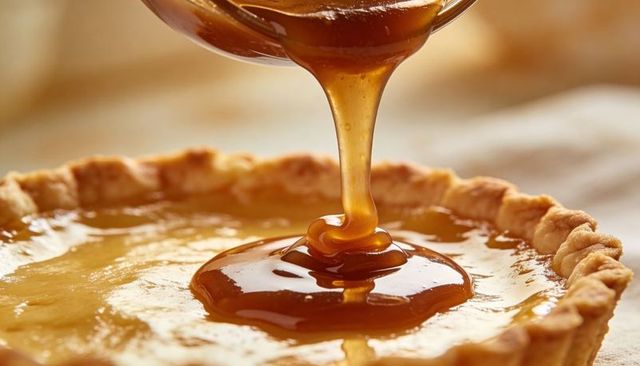 Caramel pouring over custard tart with fluted crust, warm dessert close-up