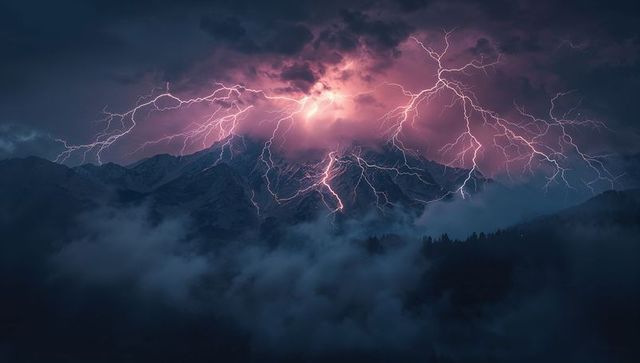 Dramatic lightning over mountain peaks at twilight