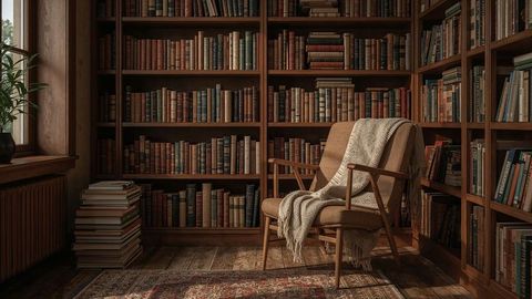 Cozy Library Nook with Vintage Armchair and Bookshelves