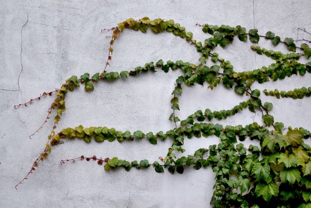 Green creeper vines growing and spreading across a textured concrete wall. Perfect for backgrounds, nature-themed projects, landscaping inspiration, urban gardening, and environmental concepts. Suggests themes of nature, growth, and resilience.
