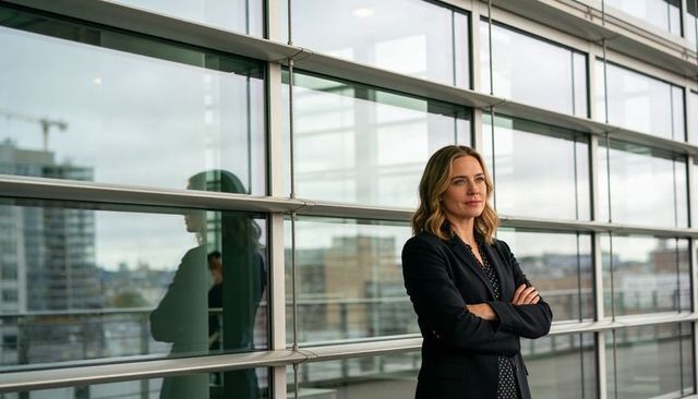Confident female executive standing by glass wall with city reflection, modern leadership