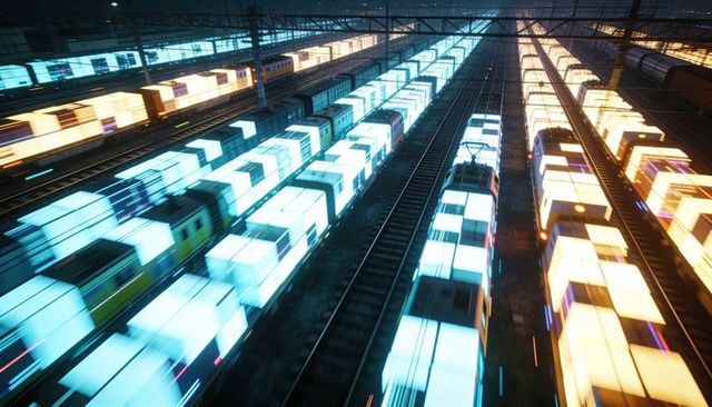 Glowing neon freight trains moving through night rail yard with cyan and amber lighting