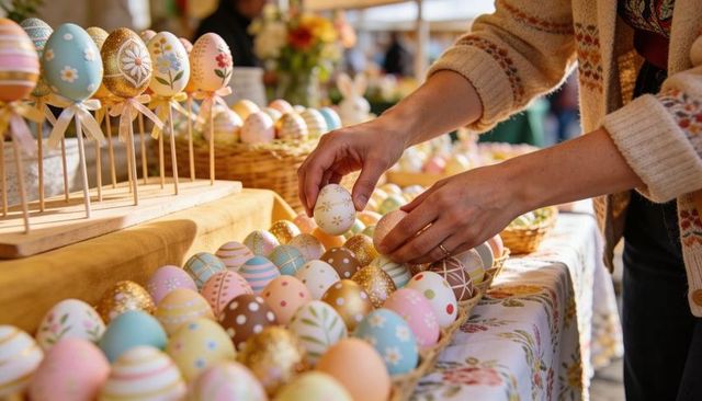 Woman's Hands Arranging Hand-Decorated Pastel Easter Eggs at Artisan Market Stall