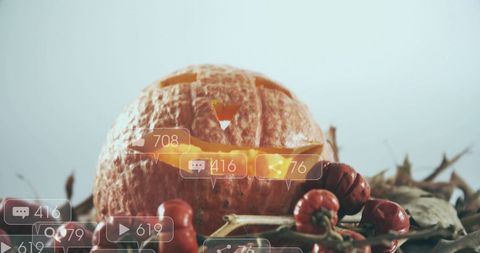 Pumpkin with Social Media Notifications in Festive Autumn Setting