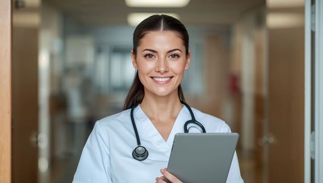 Smiling Female Doctor in Hospital Corridor Holding Tablet