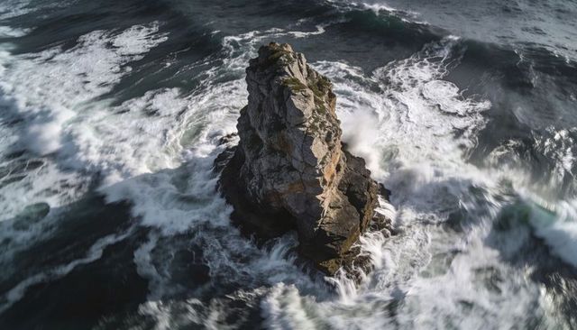 Solitary sea stack standing amid turbulent ocean waves, craggy offshore rock with foam