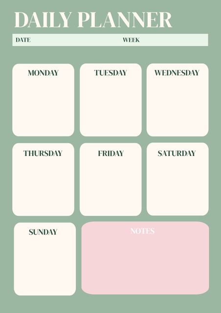This printable daily planner template features sections for each day of the week, spaces for date and week, and an additional notes section in a minimalist design with a green background. It is ideal for personal and professional organization, helping to keep track of tasks and schedules efficiently. Use this template for planning events, managing work or study schedules, and organizing daily activities.