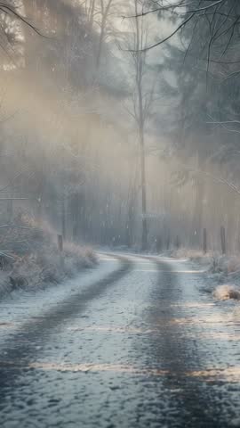 Vertical video panning along snowy woodland track with falling snow and soft sunlight